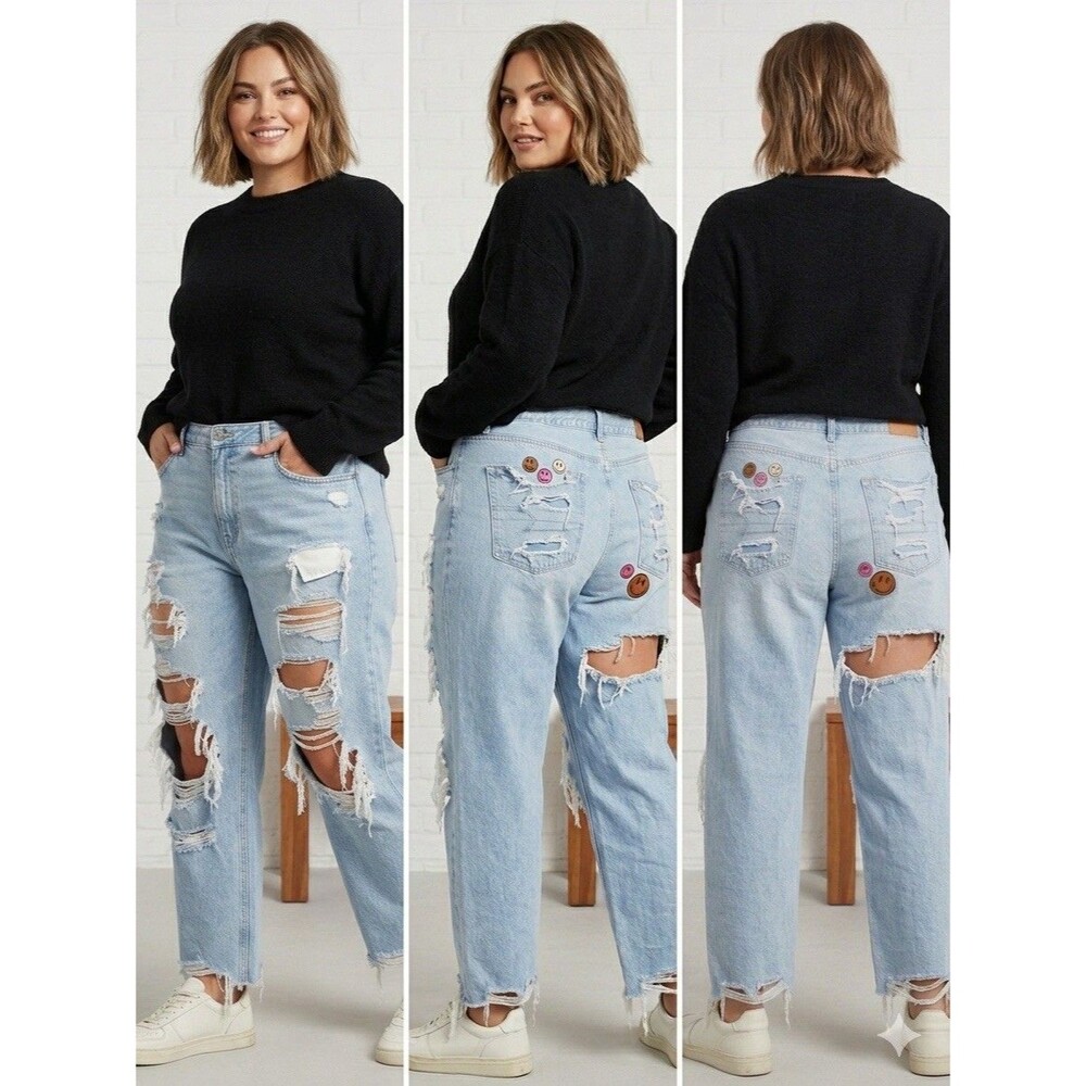 American Eagle Womens Baggy Mom Jeans Sz 18 SHORT Destroyed Denim Custom Upcycle